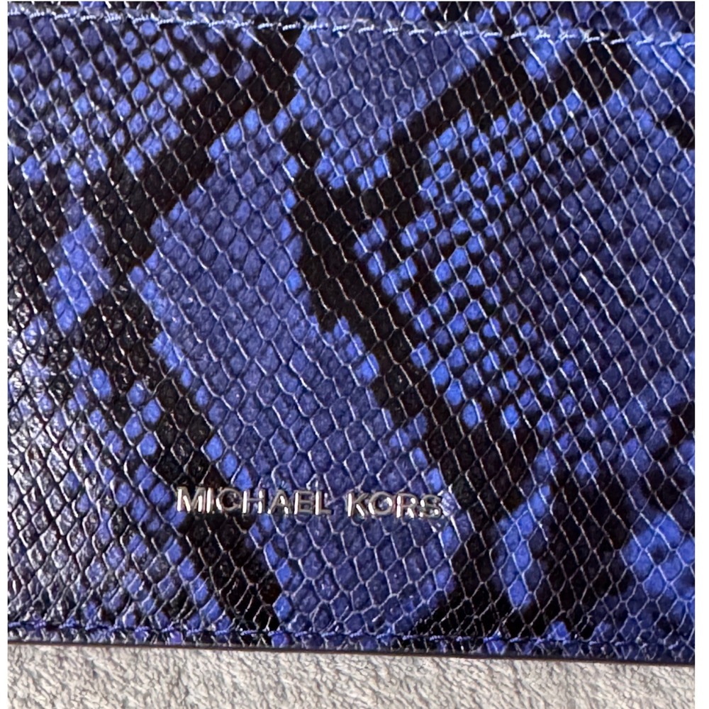 Michael Kors Ellie MD Shoulder Flap Clutch Bag Blue Snake Print Embossed Leather - Picture 3 of 13